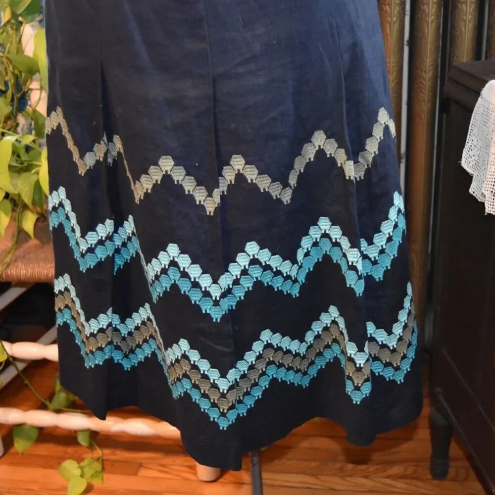 Y2K Dressbarn Boho Linen Midi Skirt Lined Zig-Zag Stripes A-Line Blue Size 16